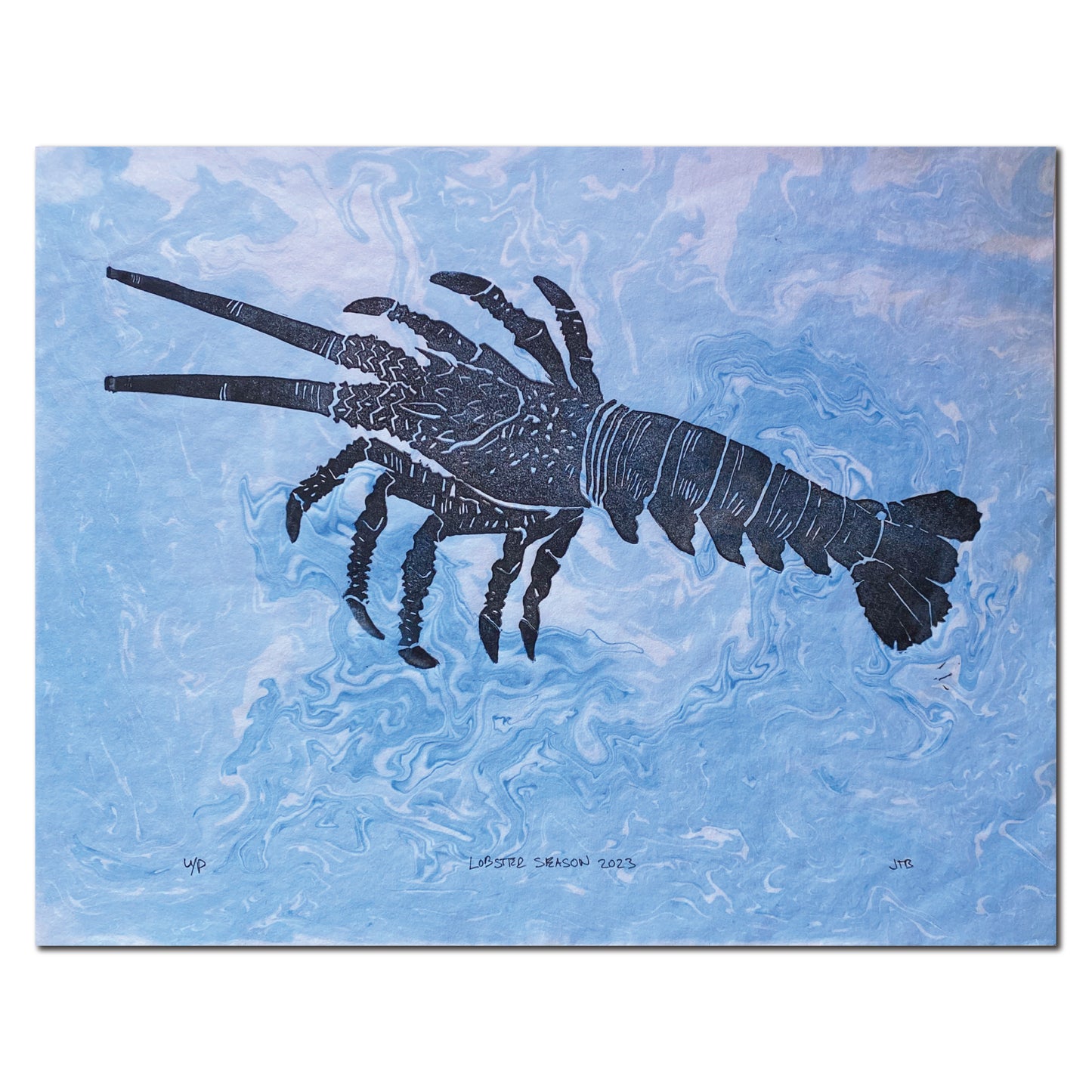 Original Linocut Print "Lobster Season 2023" Suminagashi Black Lobster - Unique Print