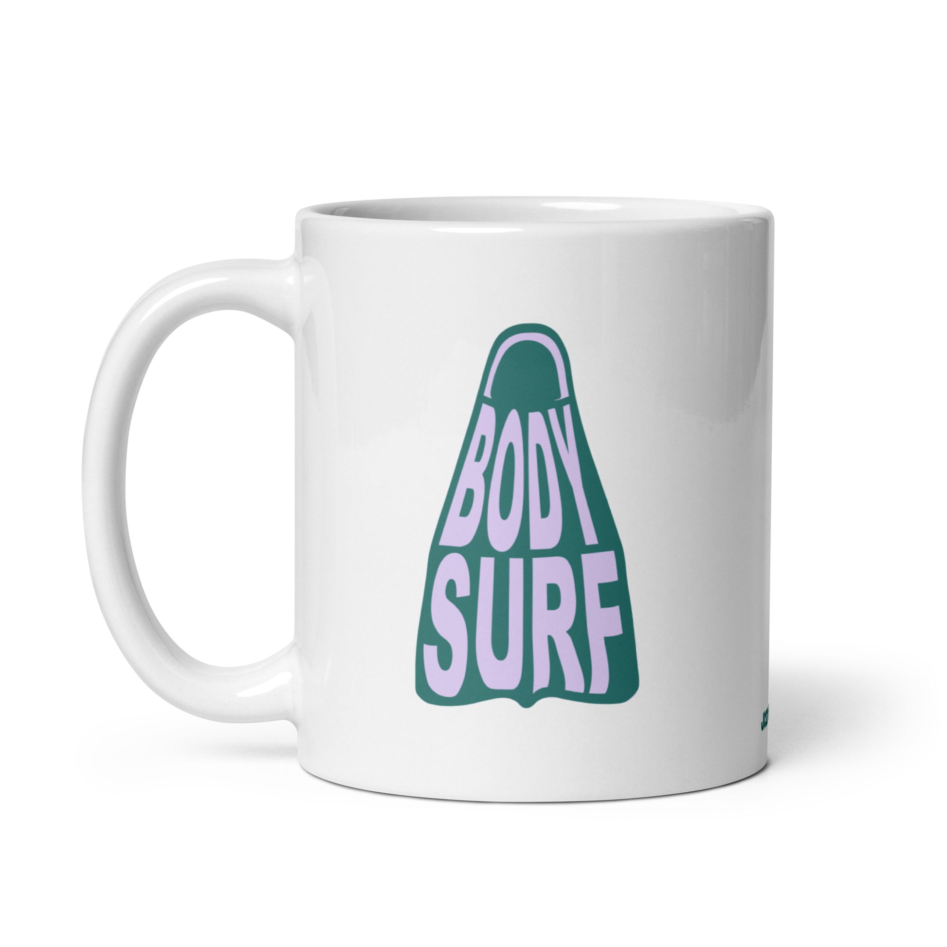 Playful mug perfect for bodysurfers or ocean lovers, showcasing a white, shiny ceramic base with a cool bodysurf fin detail in multiple colors. lavender teal